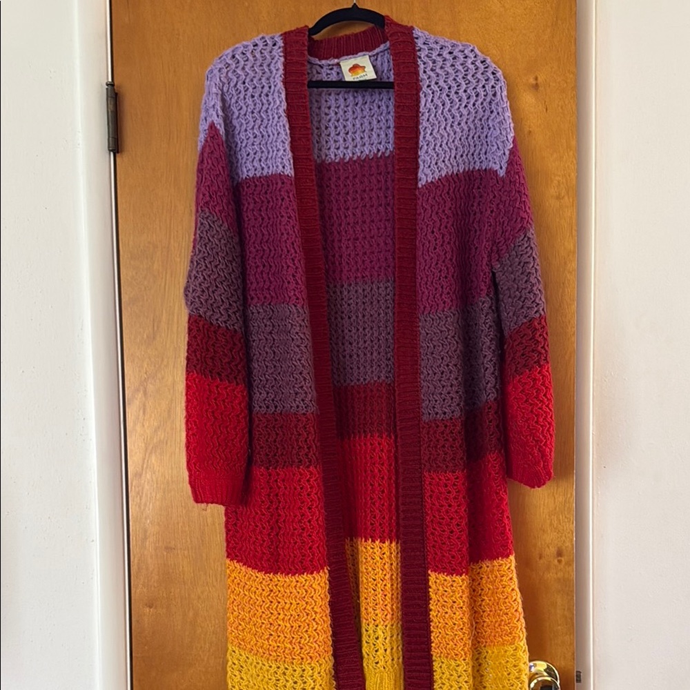 Farm Rio Patch Twirl Striped Multicolor Open Front Puff Sleeve Cardigan